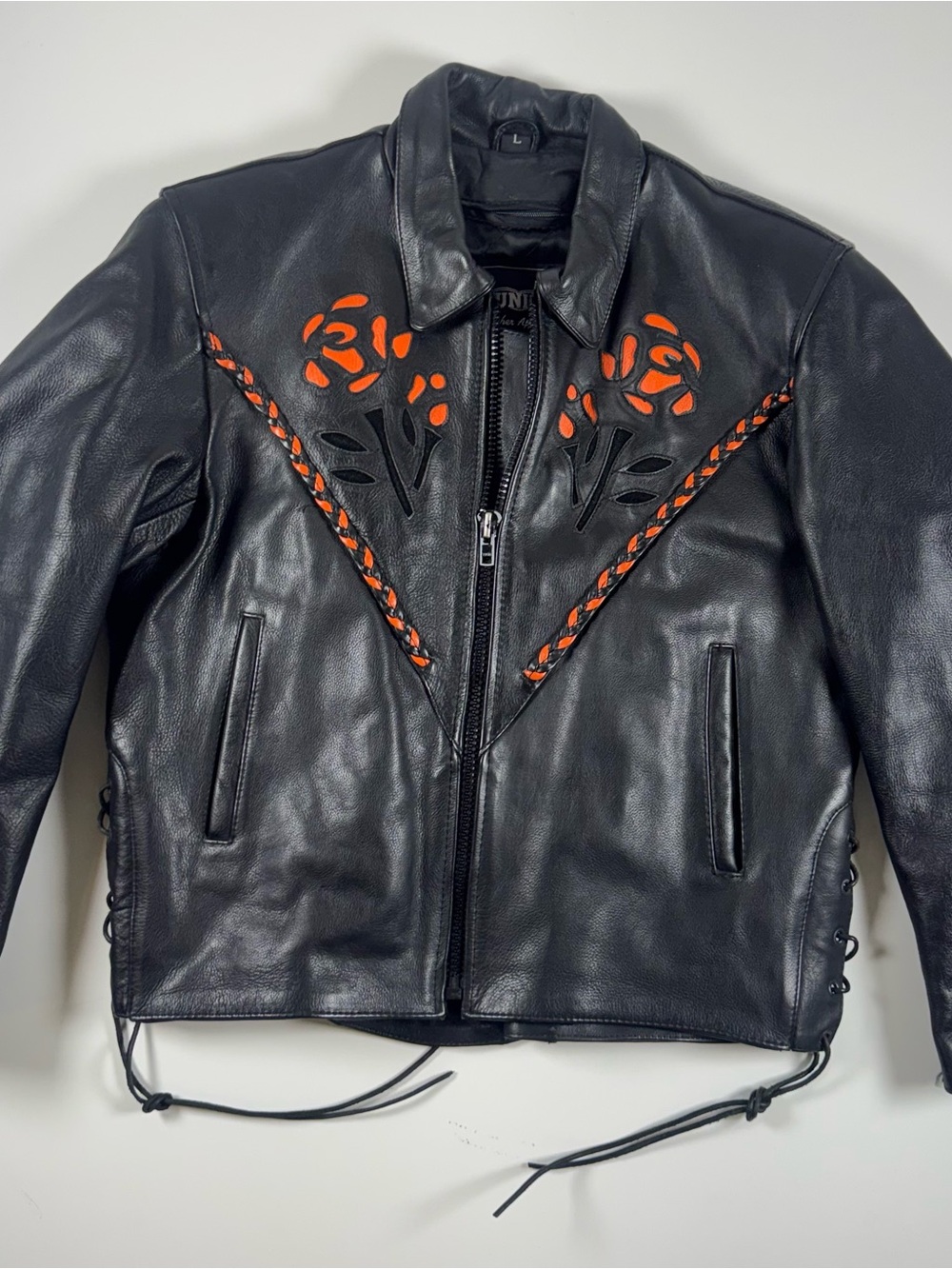 Black Leather Jacket with Orange Rose Cutouts